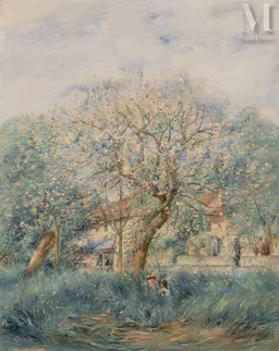 Enfants jouant sous les arbres en fleurs