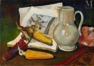 Nature morte aux épis de maïs et livres