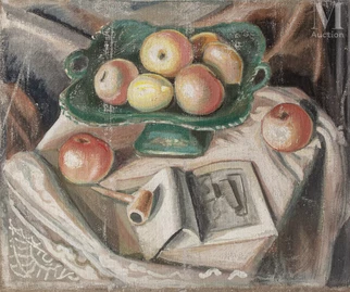 Nature morte à l'assiette de fruits, livre et pipe