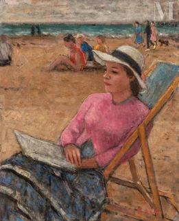 Eugénie, lecture au transat, plage de Cabourg, Circa 1976-77