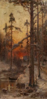 Julius von KLEVER (Tartu1850 - Saint Pétersbourg 1924) — Paysage enneigé au coucher du soleil