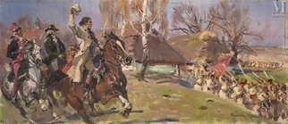 Wojciech KOSSAK (Paris 1856-Cracovie 1942) — Général Kościuszko saluant Kosynierzy